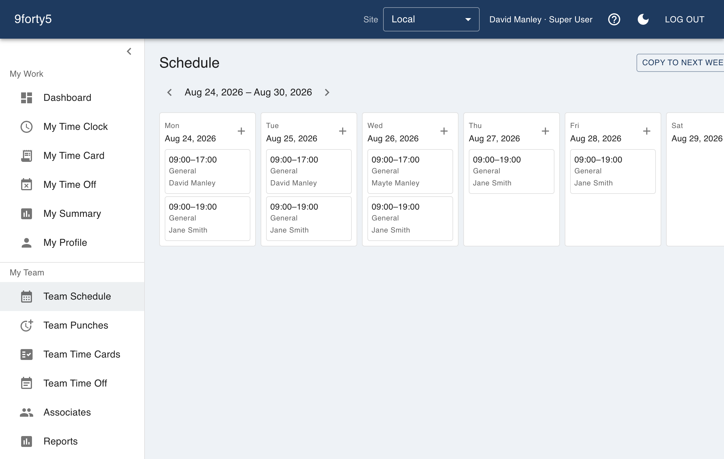 The weekly schedule with shifts assigned per day