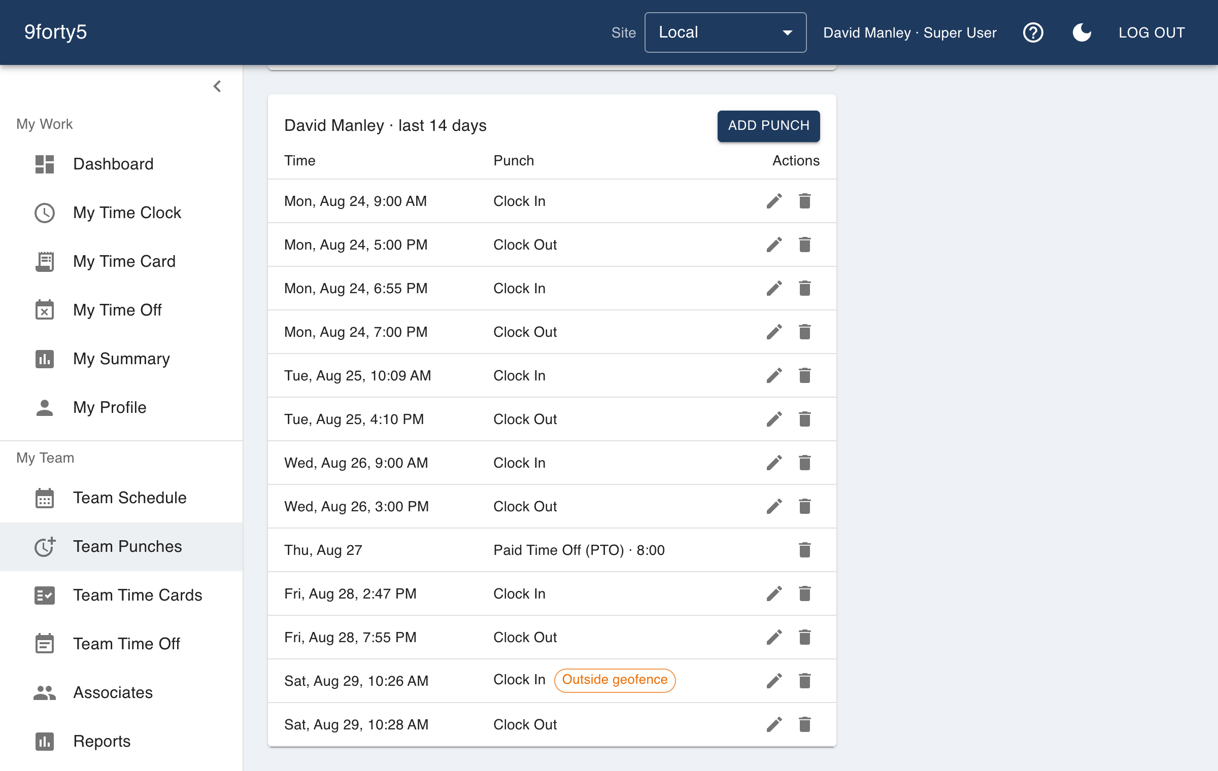 A manager's punch list with one punch flagged as outside the site's geofence