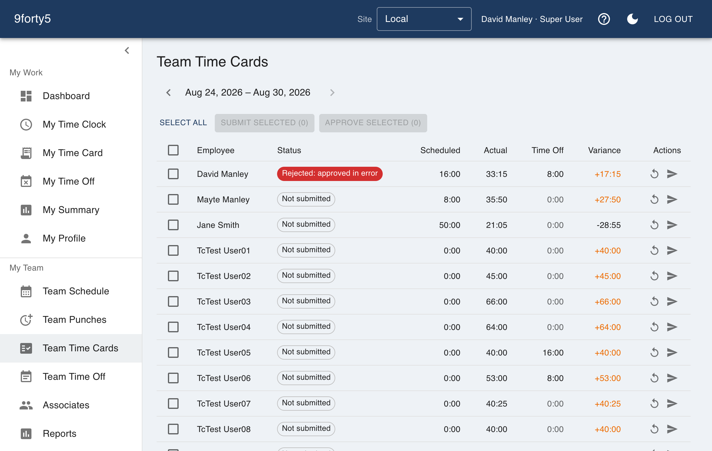 Team time cards for a pay period showing regular, overtime and total hours per employee