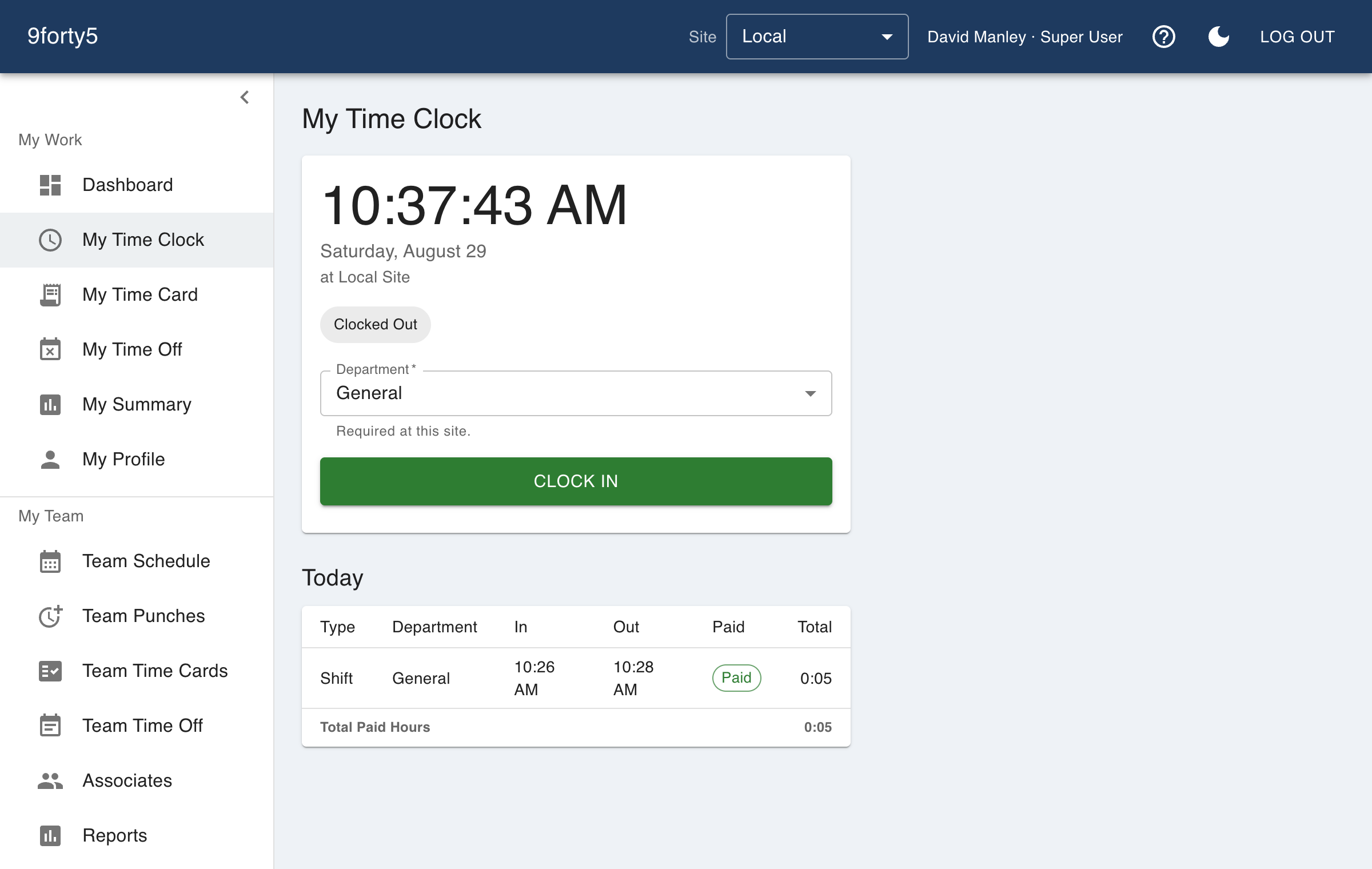 The 9forty5 employee time clock with the current time, department selection and a large clock-in button